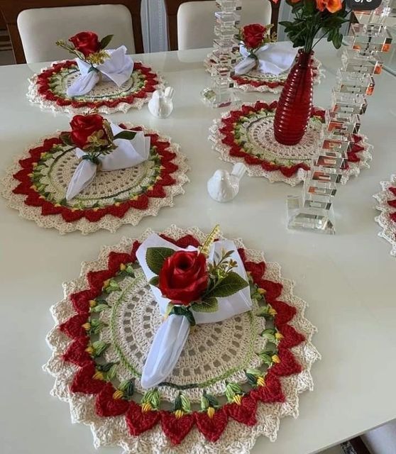 Christmas red white and green crochet home decor
