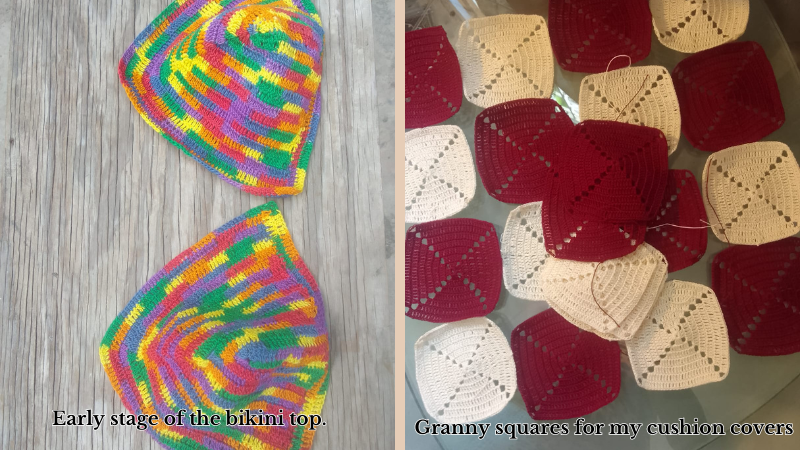 Rainbow Bikini Top and Granny Square Cushion Covers